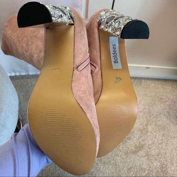 Faux Suede Over Knee Boots Rhinestone Block High Heel Stretch Thigh Boot pink 🔥 - Picture 8 of 10